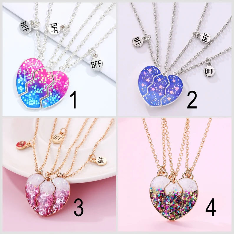 Lot de 3 Colliers D'amitié Aimanté - Coeur Étoiles Paillettes - BFF - Best Friends Forever - A Partager - Mignon - Amitié -