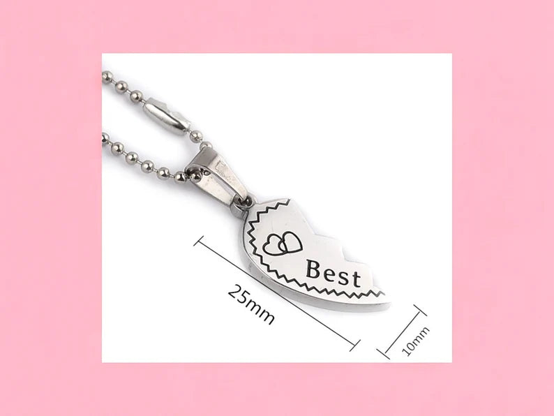 Set of 2 Heart Friendship Necklaces - BFF Best Friends Forever - Fantasy - Silver Pendant and Chain