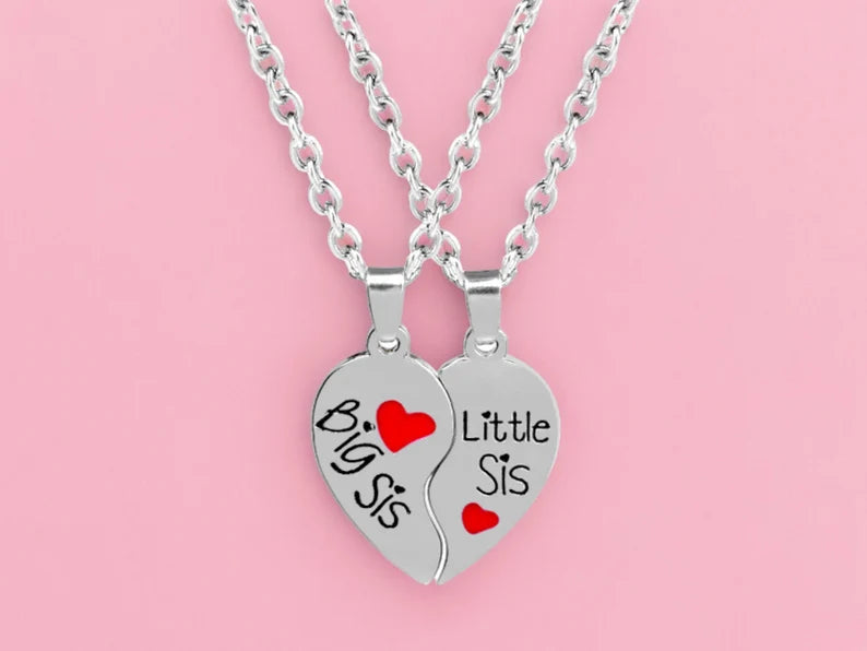 Set of 2 Sister Necklaces Chains - Little Sister Big Sister Family - Fantasy - Heart Pendant