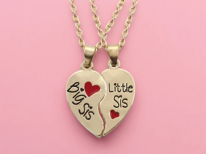 Set of 2 Sister Necklaces Chains - Little Sister Big Sister Family - Fantasy - Heart Pendant