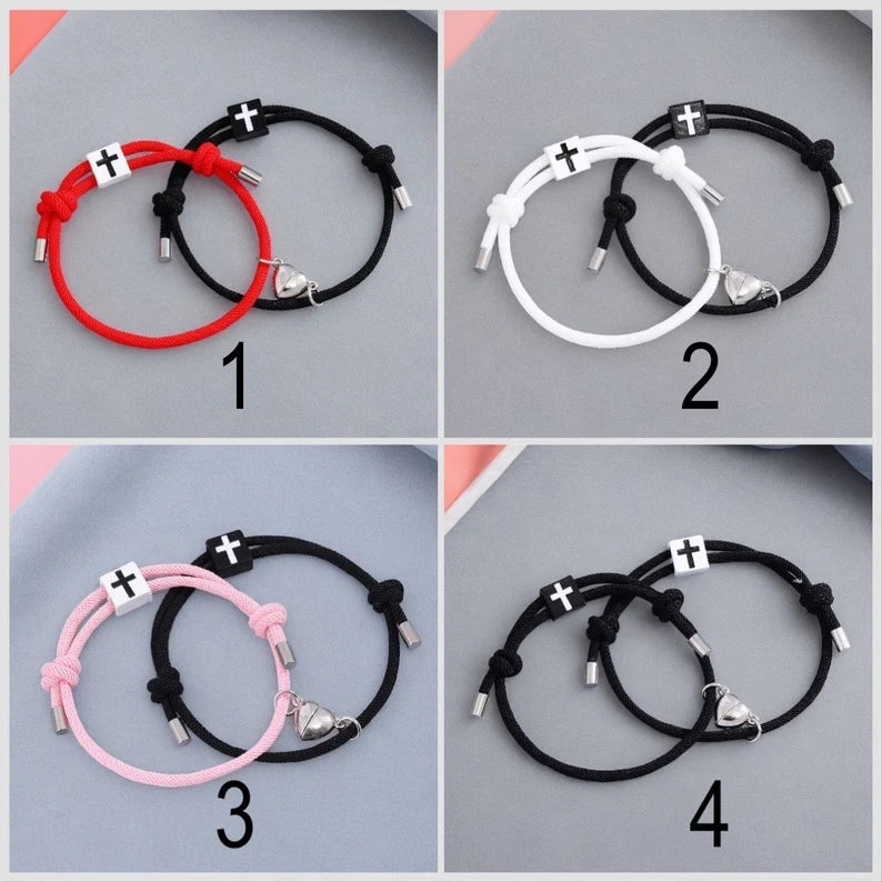 Lot de 2 Bracelets D'amitié Cordon Réglable - Croix - Best Friends Forever - BFF - Pendentif Aimanté Coeur - Amoureux Couple Amitié