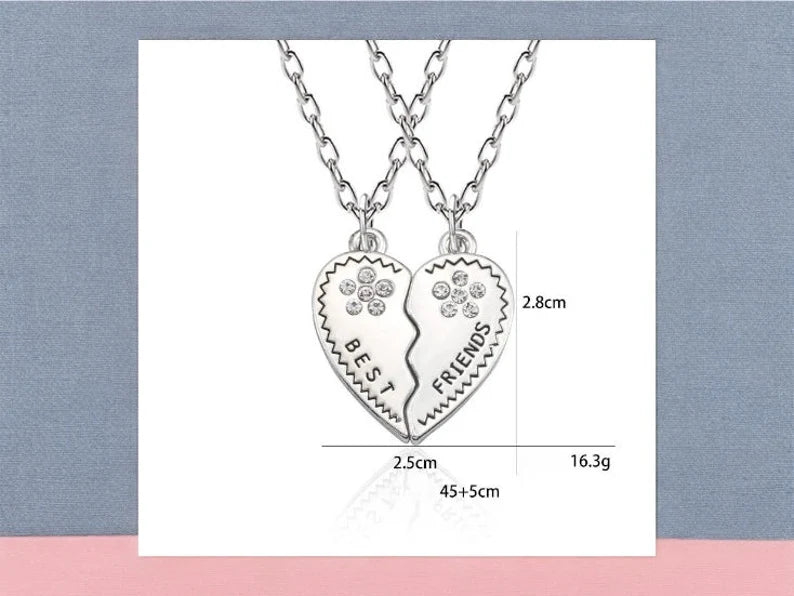 Set of 2 Heart Friendship Necklaces - BFF Best Friends Forever - Fantasy - Silver Pendant and Chain