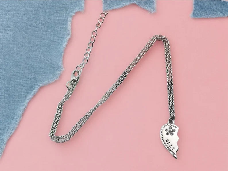 Set of 2 Heart Friendship Necklaces - BFF Best Friends Forever - Fantasy - Silver Pendant and Chain