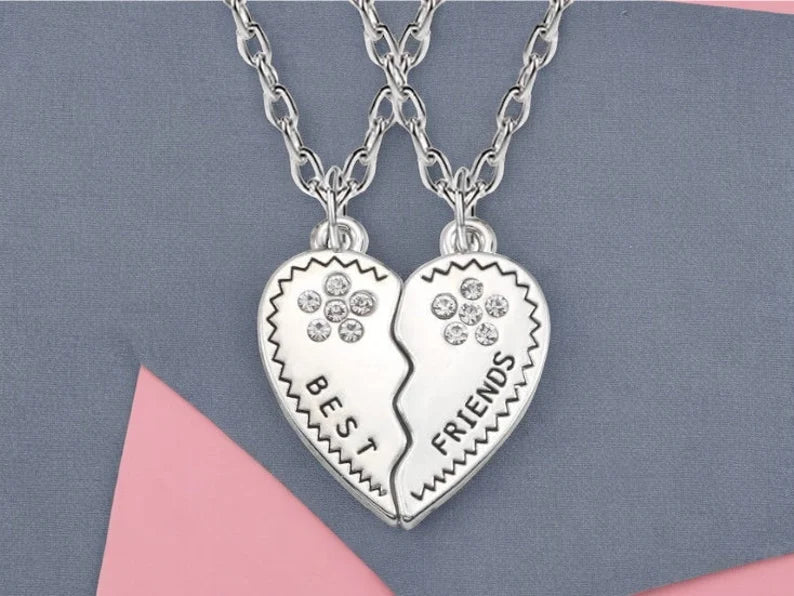 Set of 2 Heart Friendship Necklaces - BFF Best Friends Forever - Fantasy - Silver Pendant and Chain