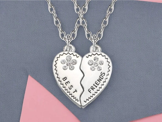 Lot de 2 Colliers D'amitié - Coeur - BFF - Best Friends Forever - Amitié - Pendentif et Chaine Argenté - Strass Fleur