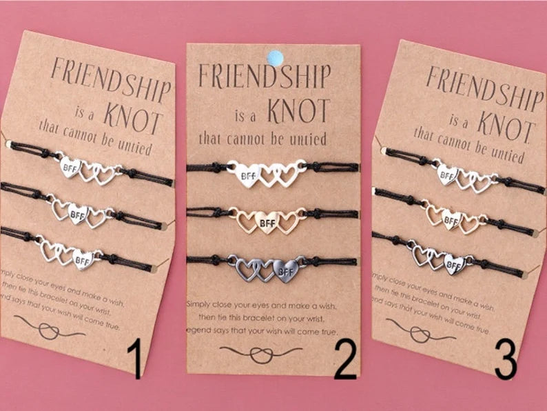 Lot de 3 Bracelets D'amitié Cordon Réglable avec Carte - 3 Petits Coeurs - BFF - Best Friends Forever - Fantaisie - Mignon