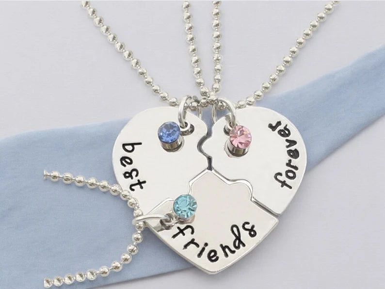 Lot de 3 Colliers D'amitié - Coeur Puzzle - BFF - Best Friends Forever - Pendentif Argenté ou Coloré - Strass - Amitié