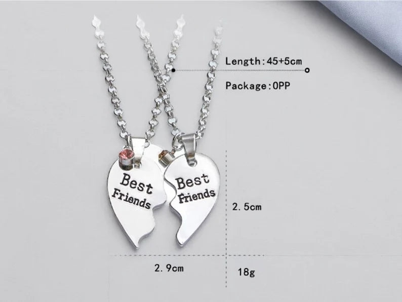 Lot de 2 Colliers D'amitié - Coeur - BFF - Best Friends Forever - Amitié - Strass - Pendentif et Chaine Argenté