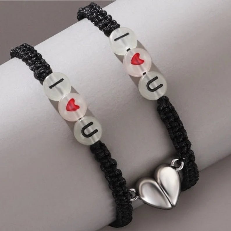 Lot de 2 Bracelets D'amitié Cordon Réglable - I Love You Phosphorescent - BFF - Best Friends Forever- Fantaisie - Pendentif Aimanté Coeur
