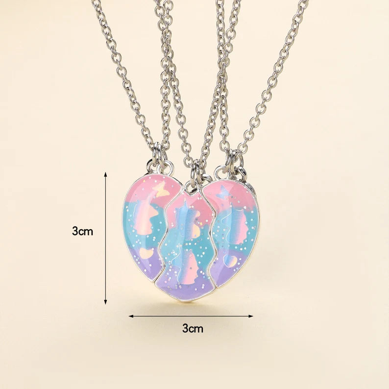 Lot de 3 Colliers D'amitié Aimantés - Coeur Licorne Paillettes - BFF - Best Friends Forever - Amitié - Pendentif Aimanté - Mignon