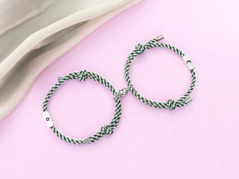 Lot de 2 Bracelets D'amitié Cordon Réglable - Lune Soleil - BFF - Best Friends Forever - Pendentif Aimanté Boule - Amoureux Couple
