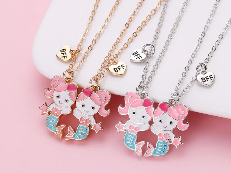 CHILD - Set of 2 Cute Heart Mermaid Friendship Necklaces - BFF Best Friends Forever - Fantasy - Magnetic Pendant
