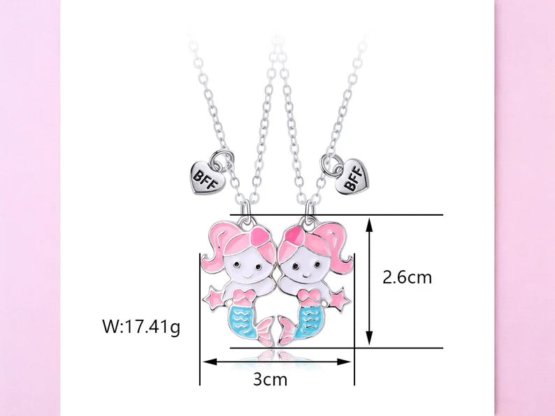 CHILD - Set of 2 Cute Heart Mermaid Friendship Necklaces - BFF Best Friends Forever - Fantasy - Magnetic Pendant