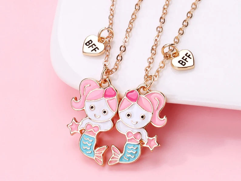 CHILD - Set of 2 Cute Heart Mermaid Friendship Necklaces - BFF Best Friends Forever - Fantasy - Magnetic Pendant