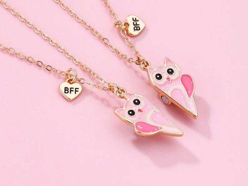 Lot de 2 Colliers D'amitié Aimanté - Hibou Rose Coeur - BFF - Best Friend Forever - Amitié - Mignon