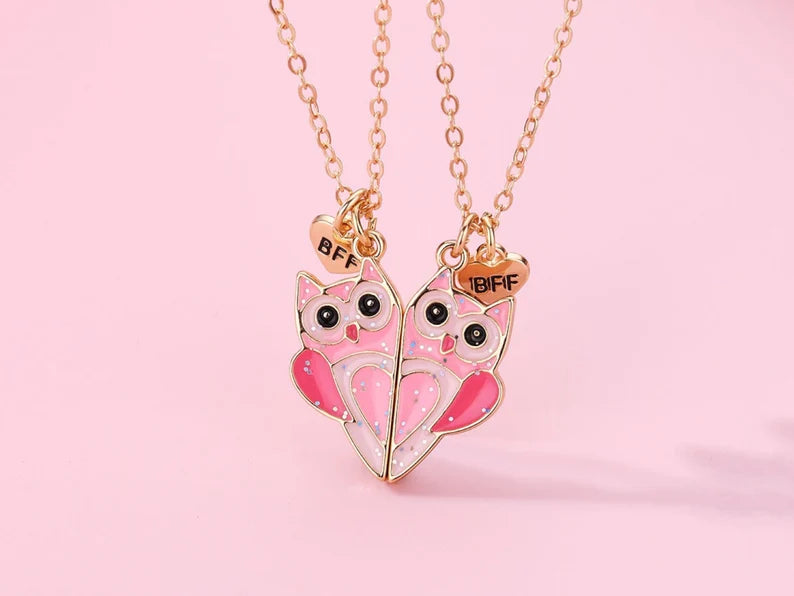 Lot de 2 Colliers D'amitié Aimanté - Hibou Rose Coeur - BFF - Best Friend Forever - Amitié - Mignon