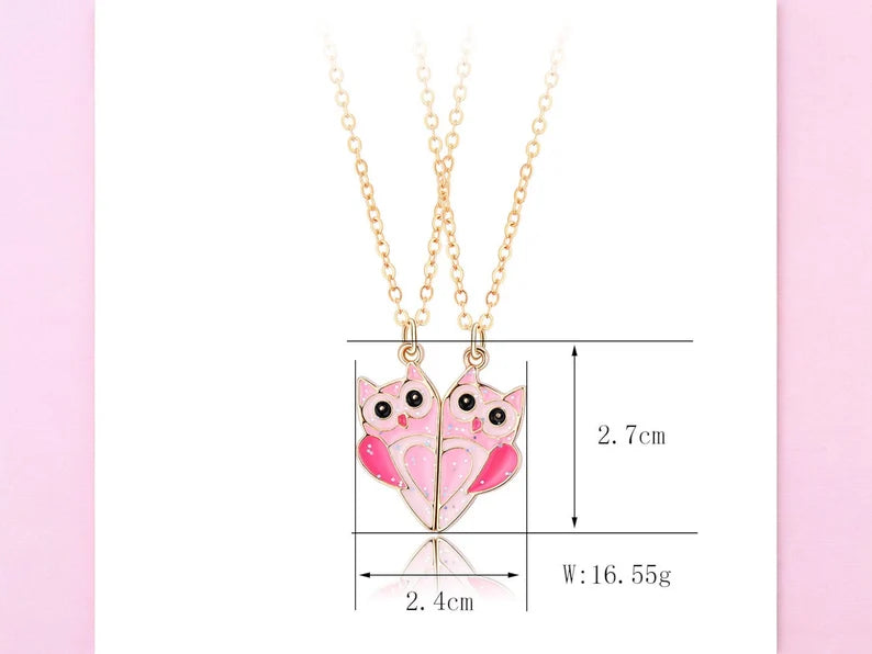 Lot de 2 Colliers D'amitié Aimanté - Hibou Rose Coeur - BFF - Best Friend Forever - Amitié - Mignon