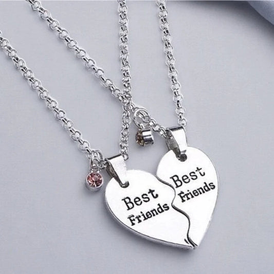 Lot de 2 Colliers D'amitié - Coeur - BFF - Best Friends Forever - Amitié - Strass - Pendentif et Chaine Argenté