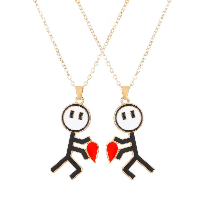 Lot de 2 Colliers D'amitié Aimanté - Petits Bonhommes avec Coeur - BFF - Best Friends Forever - Fantaisie - Amoureux Couple Amitié