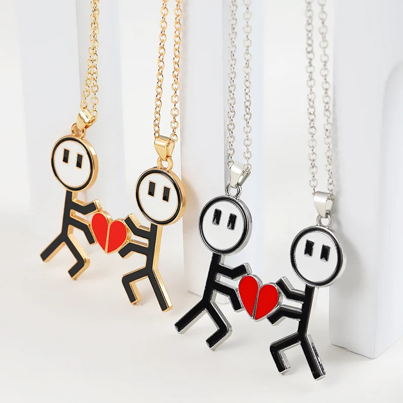 Lot de 2 Colliers D'amitié Aimanté - Petits Bonhommes avec Coeur - BFF - Best Friends Forever - Fantaisie - Amoureux Couple Amitié