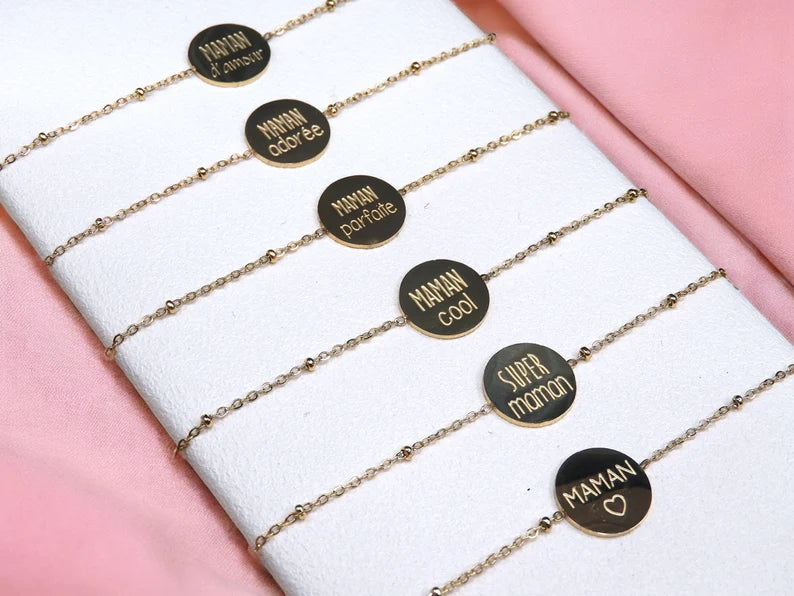 Bracelet Message avec Carte - Acier Inoxydable - Maman Amour Adoré Cool Chérie - Doré