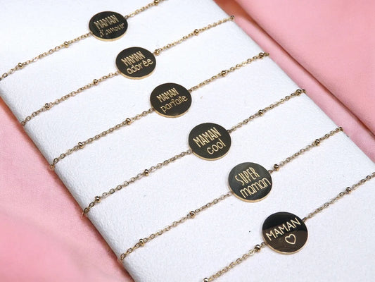 Bracelet Message avec Carte - Acier Inoxydable - Maman Amour Adoré Cool Chérie - Doré