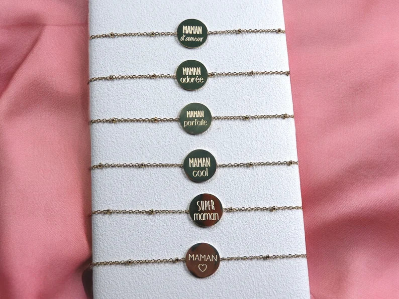 Bracelet Message avec Carte - Acier Inoxydable - Maman Amour Adoré Cool Chérie - Doré