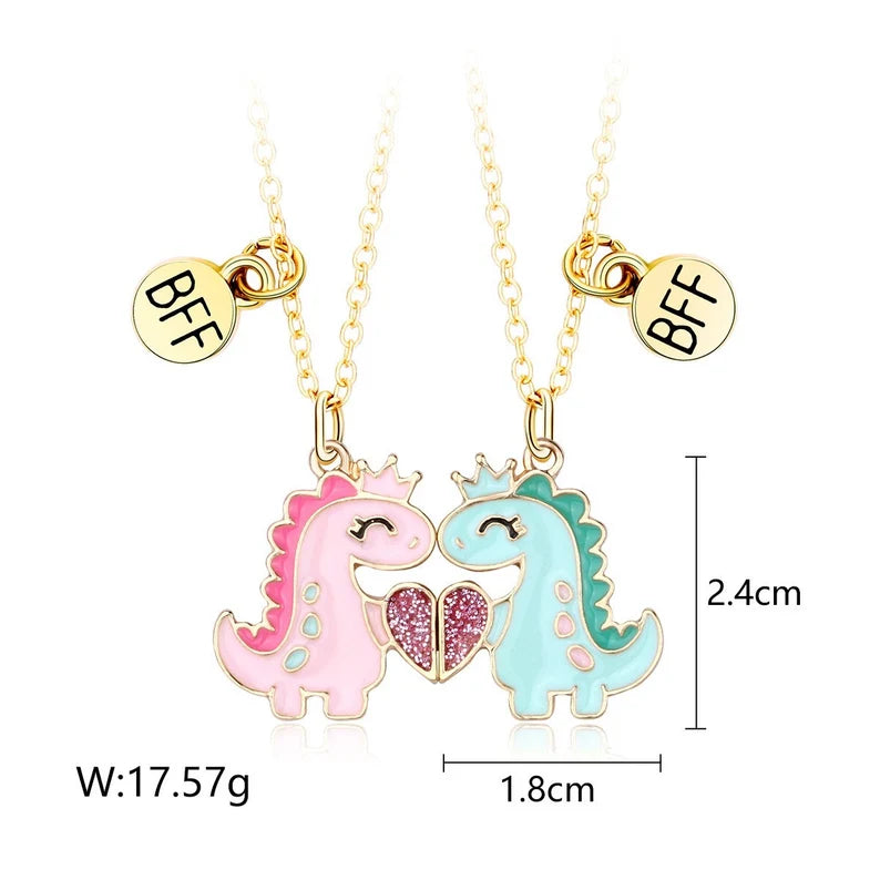 CHILD - Set of 2 Dinosaur Friendship Necklaces - BFF Best Friends Forever - Fantasy - Magnetic Pendant - Gold or Silver
