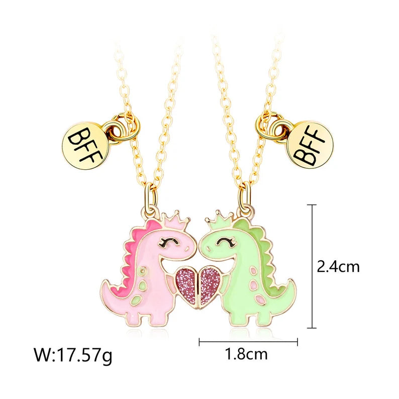 CHILD - Set of 2 Dinosaur Friendship Necklaces - BFF Best Friends Forever - Fantasy - Magnetic Pendant - Gold or Silver