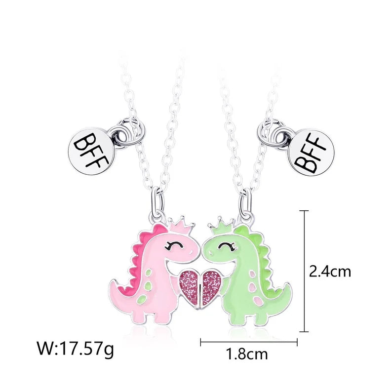 CHILD - Set of 2 Dinosaur Friendship Necklaces - BFF Best Friends Forever - Fantasy - Magnetic Pendant - Gold or Silver