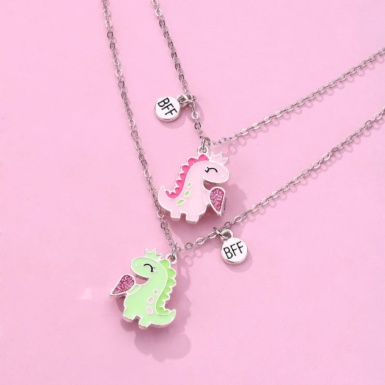CHILD - Set of 2 Dinosaur Friendship Necklaces - BFF Best Friends Forever - Fantasy - Magnetic Pendant - Gold or Silver