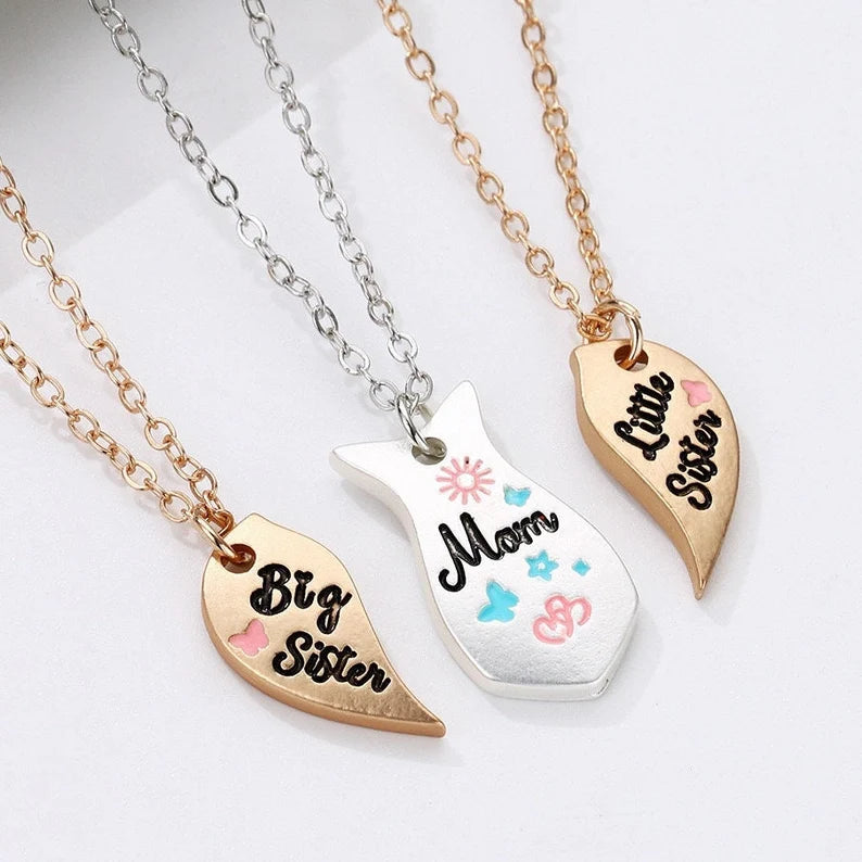 Lot de 3 Colliers Coeur - Mère Filles - Famille Parents Enfant Maman Soeur Filles - Pendentif Coeur