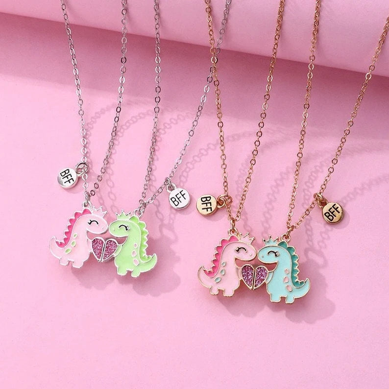 CHILD - Set of 2 Dinosaur Friendship Necklaces - BFF Best Friends Forever - Fantasy - Magnetic Pendant - Gold or Silver