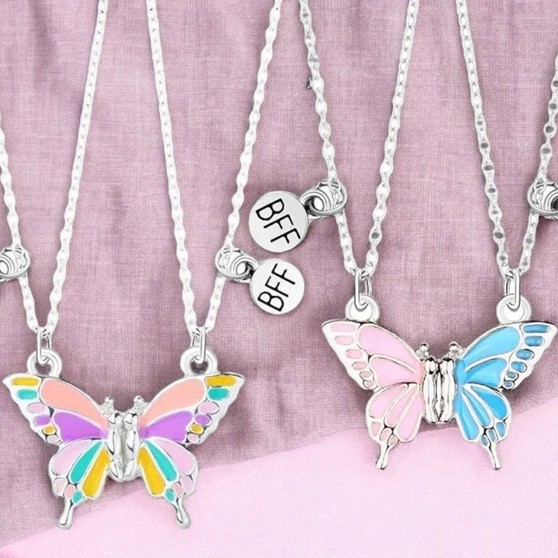 CHILDREN - Set of 2 Butterfly Friendship Necklace Chains - BFF Best Friends Forever - Fantasy - Magnetic Pendant