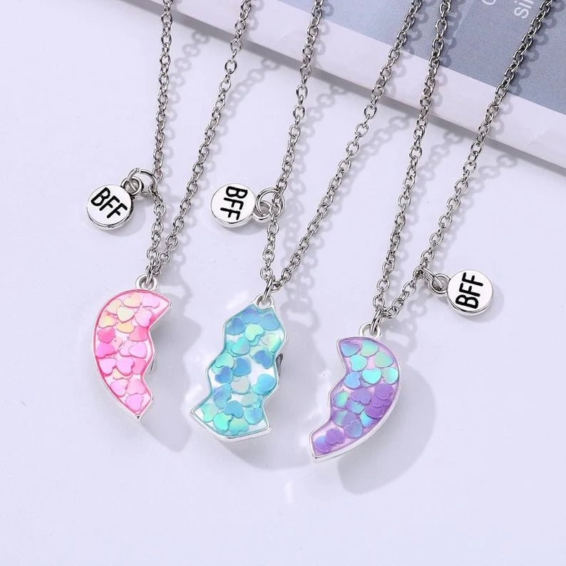 Lot de 3 Colliers D'amitié Aimantés - Coeur Licorne Paillettes - BFF - Best Friends Forever - Amitié - Pendentif Aimanté - Mignon