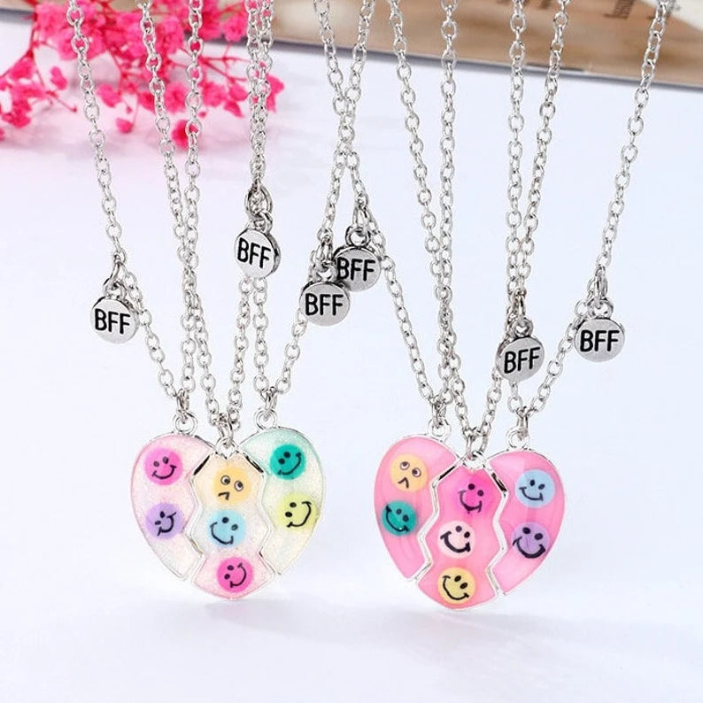 Lot de 3 Colliers D'amitié Aimantés - Coeur Paillettes Smiley - BFF - Best Friends Forever - Amitié - A Partager - Mignon