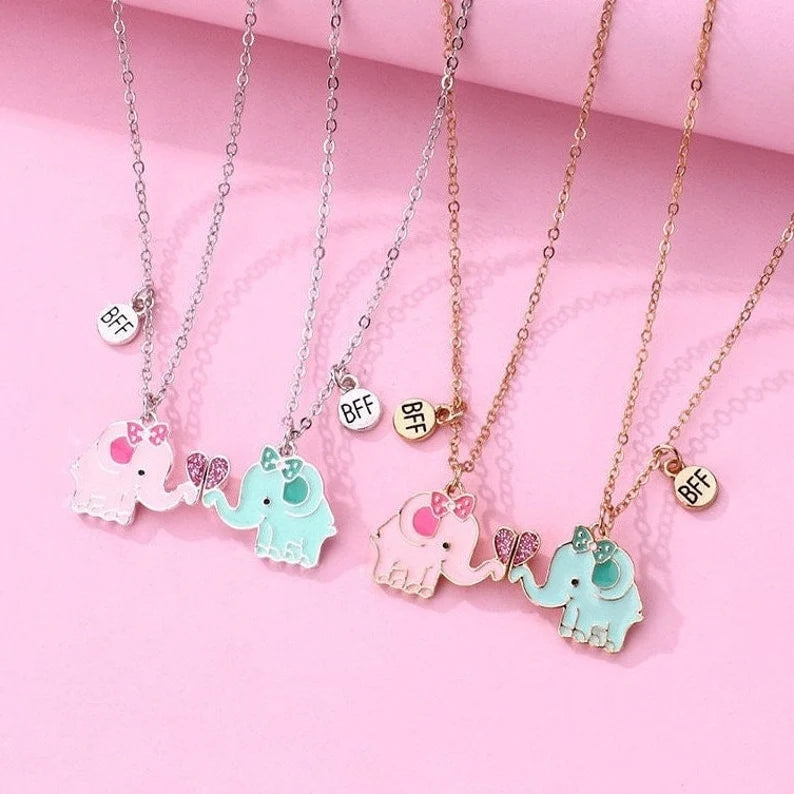 CHILD - Set of 2 Elephant Friendship Necklaces - BFF Best Friends Forever - Fantasy - Magnetic Pendant - Silver or Gold