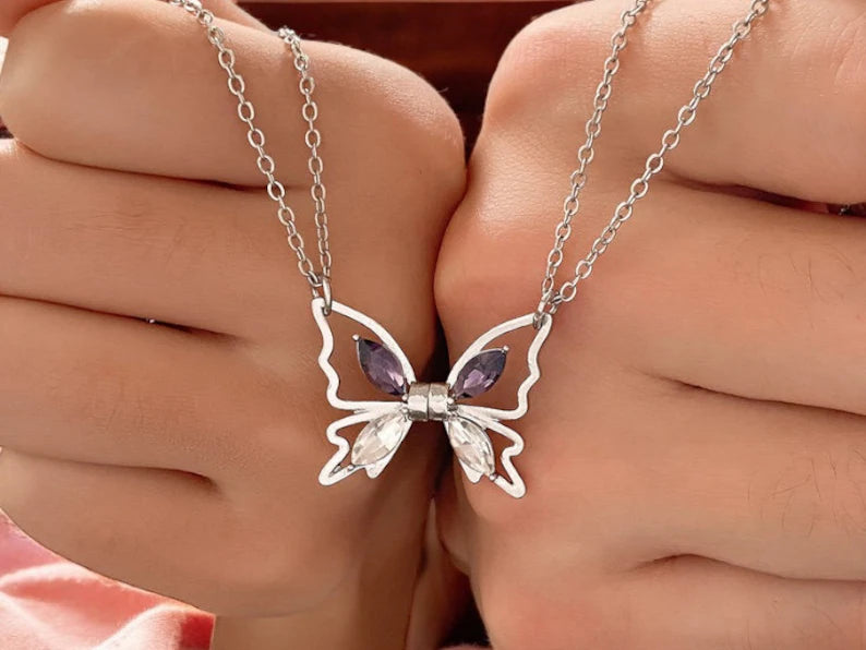 Lot de 2 Colliers D'amitié - Papillons Aimantés - BFF - Best Friends Forever - Fantaisie - Pendentif Doré Argenté Amoureux Couple Amitié