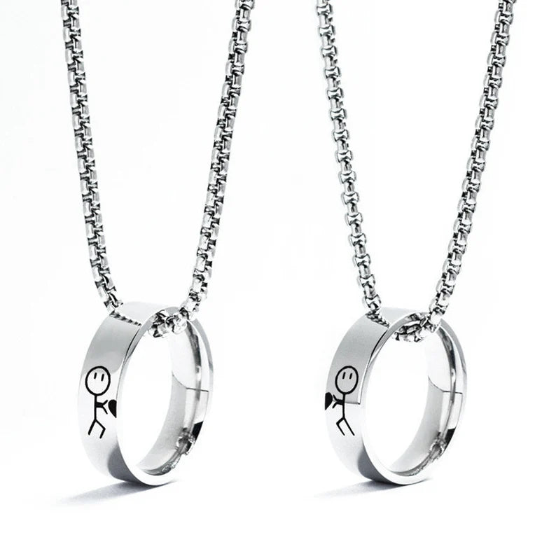 Set of 2 Chains Friendship Necklaces Couple Rings Snowmen Hold a Heart - BFF Best Friends - Stainless Steel Chain Pendant