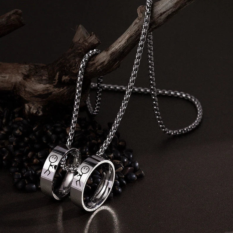 Set of 2 Chains Friendship Necklaces Couple Rings Snowmen Hold a Heart - BFF Best Friends - Stainless Steel Chain Pendant