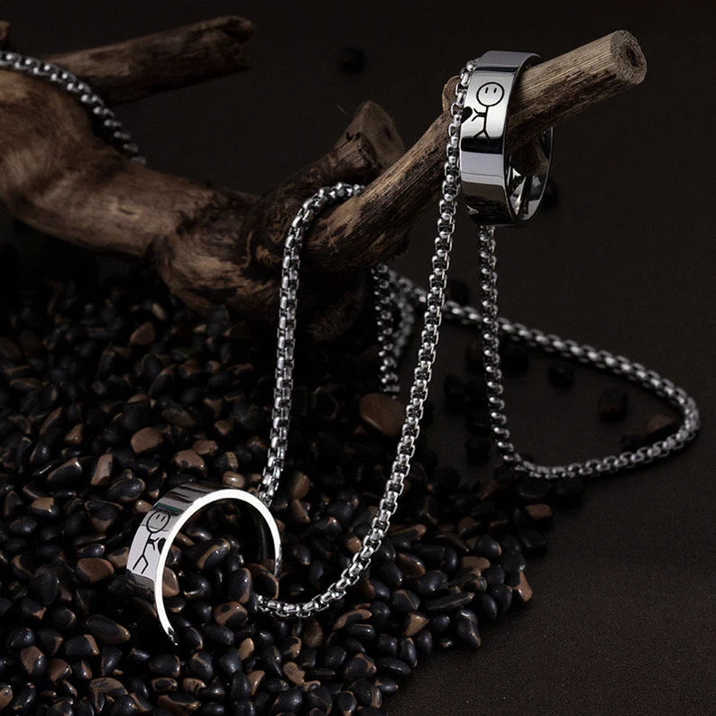 Set of 2 Chains Friendship Necklaces Couple Rings Snowmen Hold a Heart - BFF Best Friends - Stainless Steel Chain Pendant