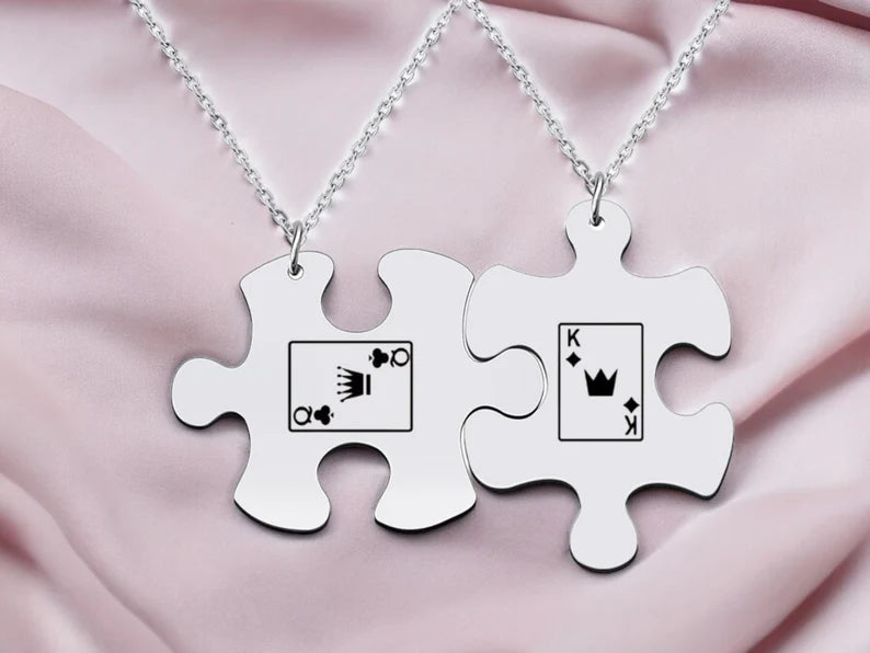 Lot de 2 Colliers D'amitié Couple - Puzzle - Roi  Reine - BFF - Best Friends - Pendentif Chaine Argenté Noire - Acier Inoxydable