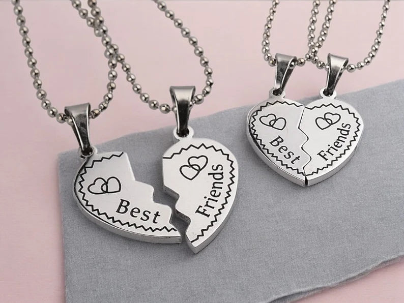 Set of 2 Heart Friendship Necklaces - BFF Best Friends Forever - Fantasy - Silver Pendant and Chain