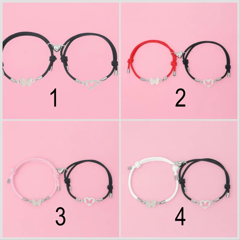 Lot de 2 Bracelets D'amitié Cordon Réglable - Papillons - BFF - Best Friend Forever - Pendentif Aimanté Coeur - Amoureux Couple Amitié