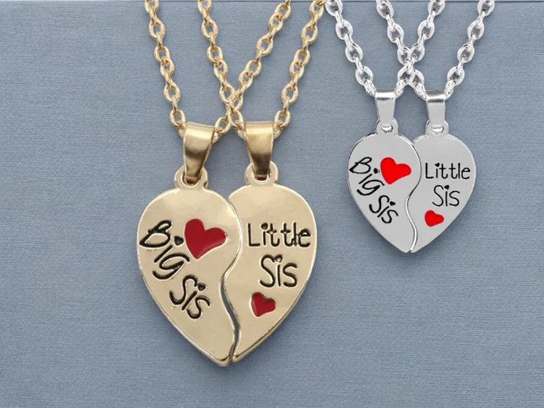 Set of 2 Sister Necklaces Chains - Little Sister Big Sister Family - Fantasy - Heart Pendant