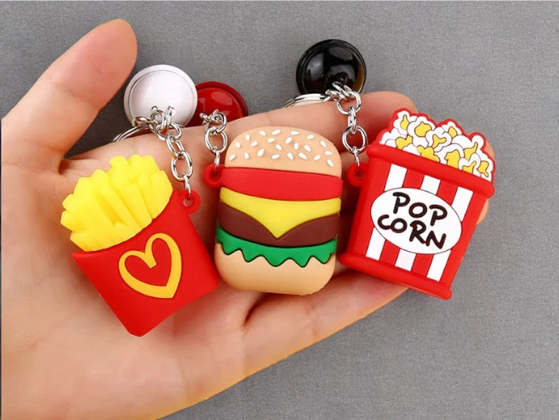 Porte Clés - Pop Corn Hamburger Frites Avocat - Silicone - Pendentif Sac Kawaii Mignon Fun