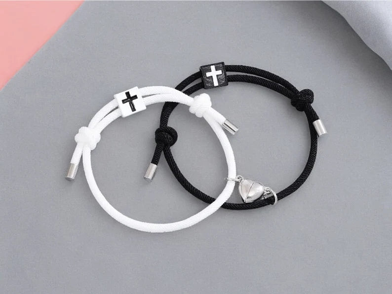Lot de 2 Bracelets D'amitié Cordon Réglable - Croix - Best Friends Forever - BFF - Pendentif Aimanté Coeur - Amoureux Couple Amitié
