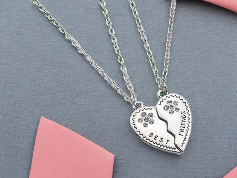 Set of 2 Heart Friendship Necklaces - BFF Best Friends Forever - Fantasy - Silver Pendant and Chain