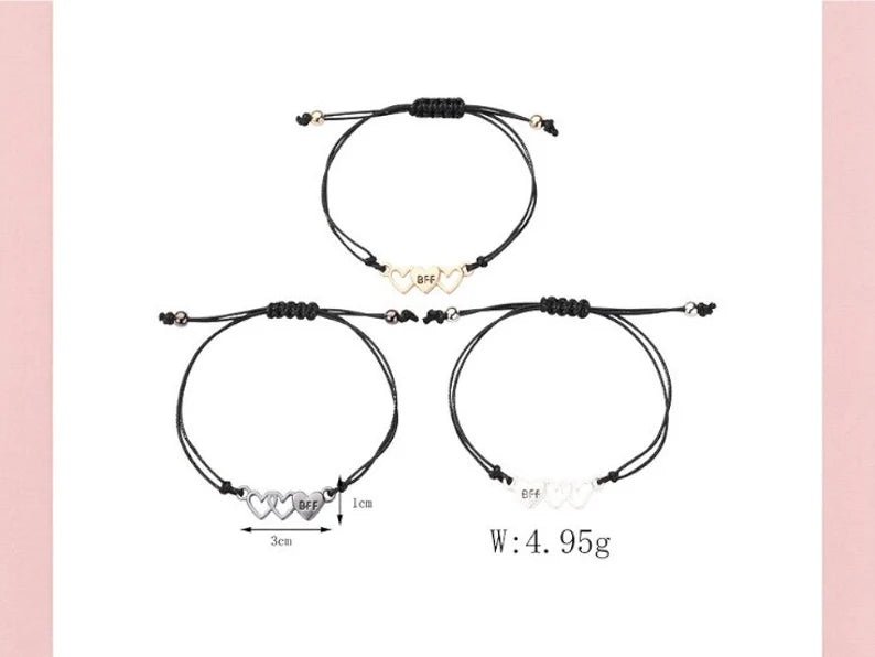 Lot de 3 Bracelets D'amitié Cordon Réglable avec Carte - 3 Petits Coeurs - BFF - Best Friends Forever - Fantaisie - Mignon