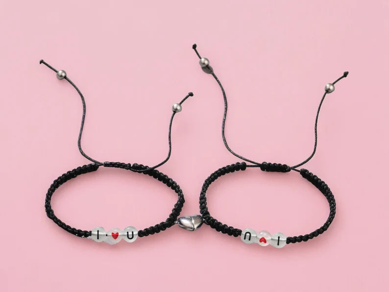 Lot de 2 Bracelets D'amitié Cordon Réglable - I Love You Phosphorescent - BFF - Best Friends Forever- Fantaisie - Pendentif Aimanté Coeur